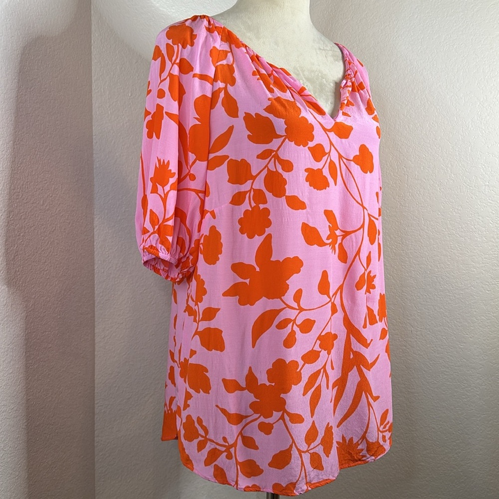 TALBOTS Red & Pink ELBOW SLEEVE TOP - SILHOUETTE GARDEN Size Large NWOT - Picture 4 of 10